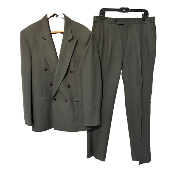 Cellini 2 Piece Suit Mens 44L Green Peaked Double Breasted 38X32 Pants Pleated - Picture 1 of 16